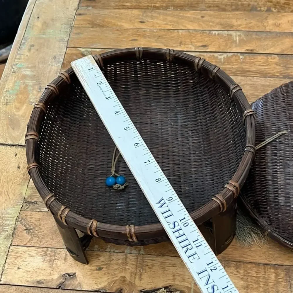 Antique Chinese Wicker Lidded Sewing Basket 7.5